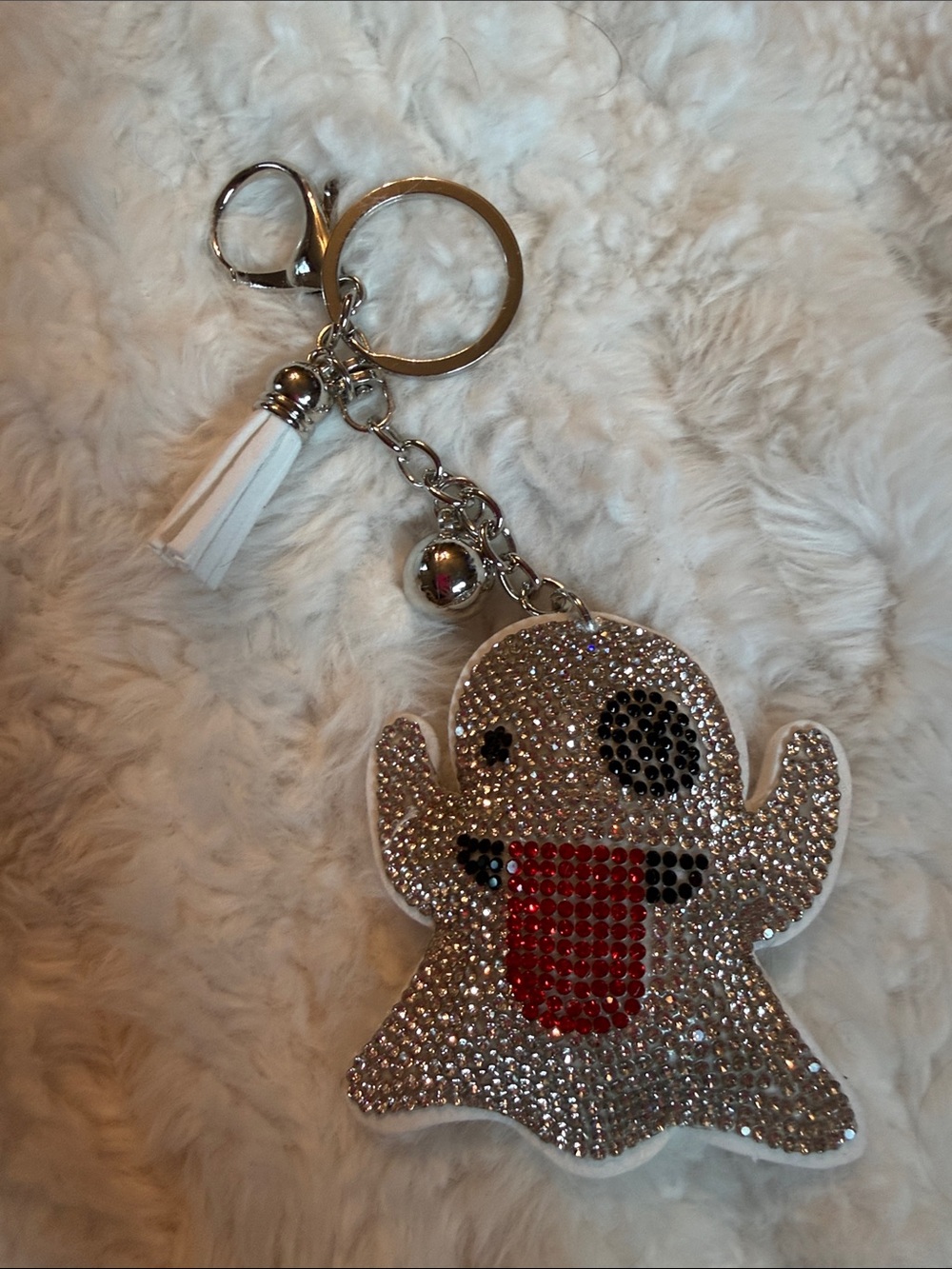 Rhinestone Emoji Ghost Keychain with White Tassel Halloween